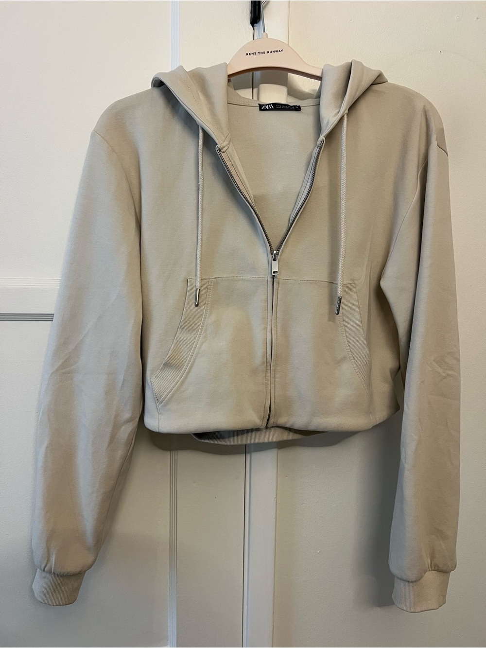 Zara Light Beige Cropped Zip Hoodie